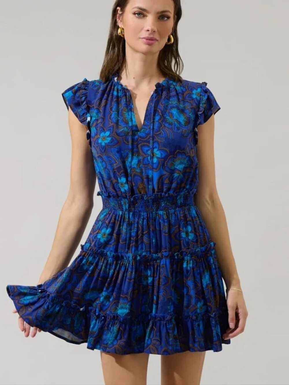 Sugarlips Bluford Blue Floral Toledo Tiered Mini Dress Size Large